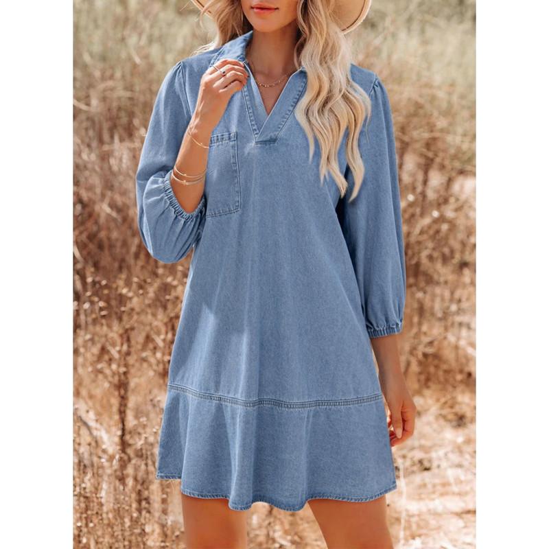 Denim Dress for Women Fashion Fall Casual Babydoll 2025 V Neck 3/4 Puff Sleeve Jean Dresses - Seldom Seen Styles