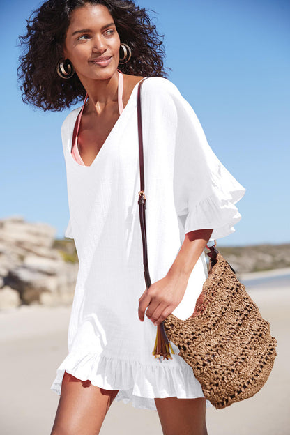 Womens Swimsuit Coverup V Neck Bathing Suit Beach Dress Sexy Ruffle Sleeves Bikini Cover Up Loose Top - Seldom Seen Styles