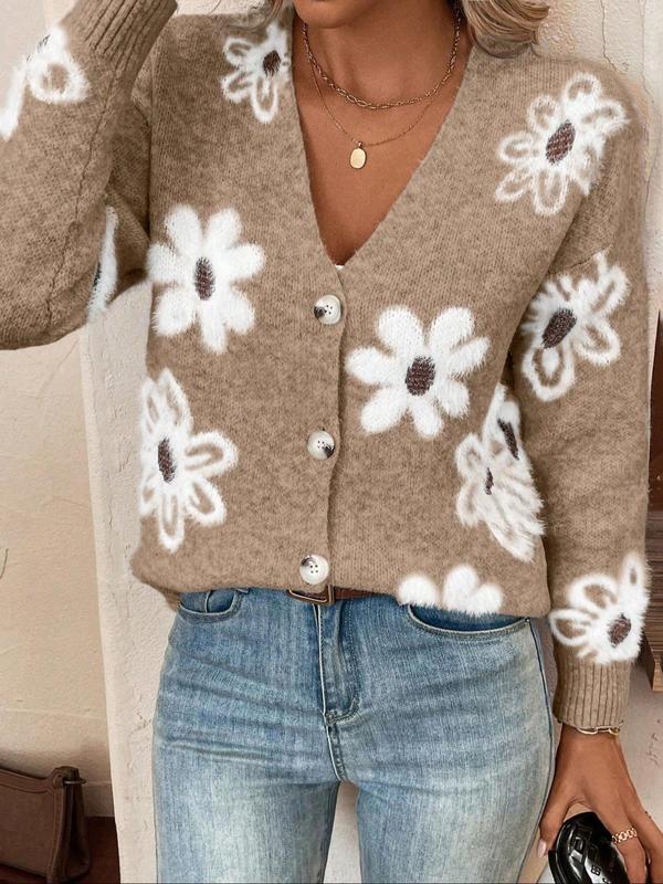 Plus Size Floral Print Button Front Cardigan, Casual Drop Shoulder  V Neck Knitwear for Fall & Winter, Women's Plus Clothing for Daily Wear - Seldom Seen Styles