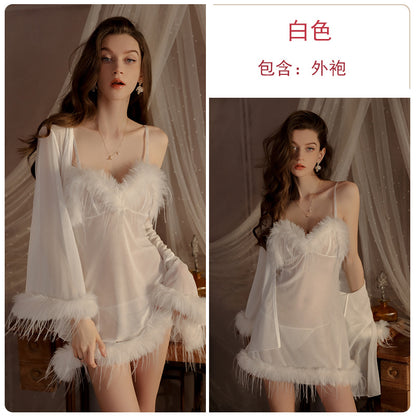Womens Sexy 3 Piece Fuzzy Lingerie Set Transparent Tulle Nightshirt With Robe and G-String - Seldom Seen Styles