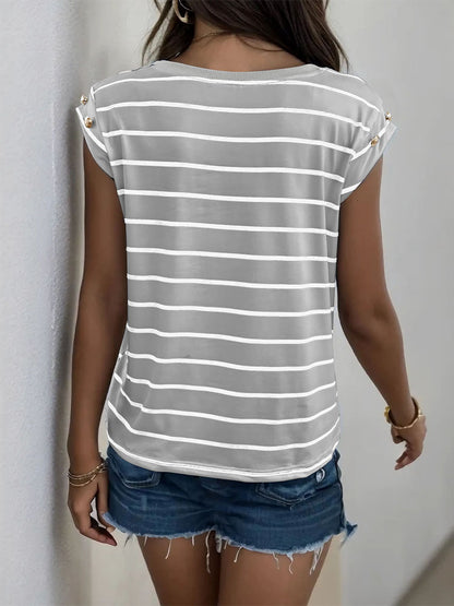 Summer Women's Sleeveless Classic Tops Horizontal Striped Round Neck Vest Loose Fit Cotton Fashion T-Shirt