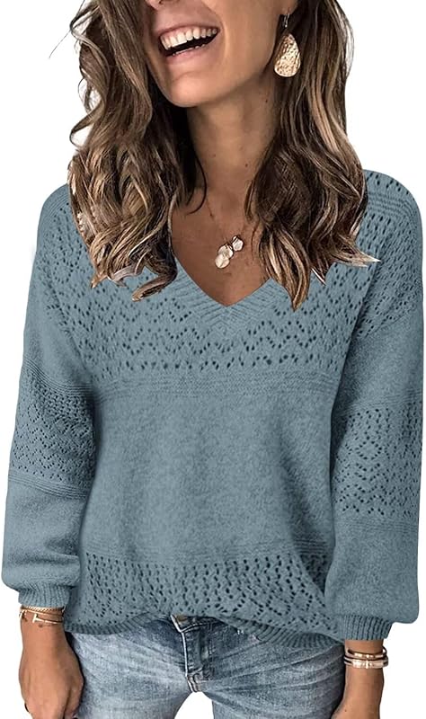 Womens Sweaters 2025 Fall V Neck Long Sleeve Hollow Knit Pullover Sweaters for Women - Seldom Seen Styles