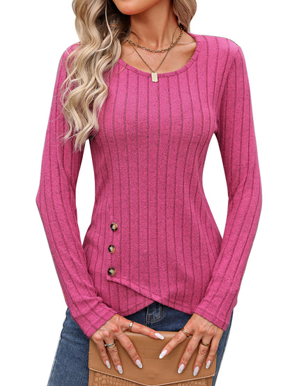 Sweaters for Women Fashion Long Sleeve Tops Button Pullover Crew Neck Casual Loose Slit Sweatshirt - Seldom Seen Styles