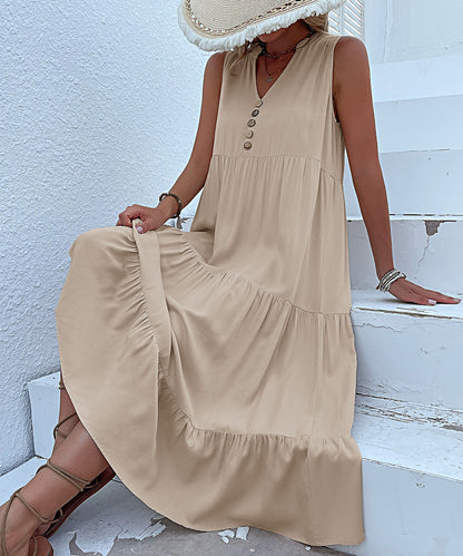 Summer Flowy Maxi Dress with Pockets Sleeveless Loose Casual Sundress V-Neck Tiered Sun Dress for Beach Cruise Vacations