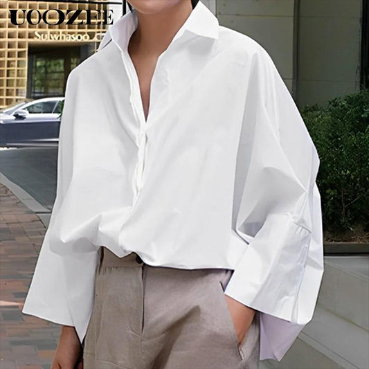 women's long-sleeved loose solid color lapel shirt tops for all seasons loose and simple Polyester oversized versatile commuting suitable for a variety of occasions (loose version, one size larger, the fabric has no stretch) - Seldom Seen Styles