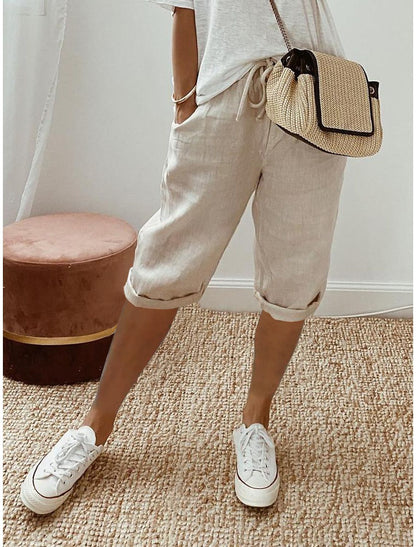 Womens Cotton Linen Shorts Knee Length Drawstring Elastic Waist Summer Casual Gym Going Out Shorts with Pockets - Seldom Seen Styles