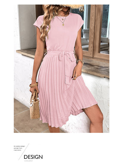 Women Summer Maxi Pleated Dress Casual Cap Sleeve Flowy Swing Loose Fit Midi Dresses Pocket Crew Neck Back Button