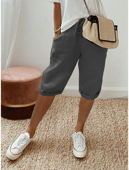 Womens Cotton Linen Shorts Knee Length Drawstring Elastic Waist Summer Casual Gym Going Out Shorts with Pockets - Seldom Seen Styles