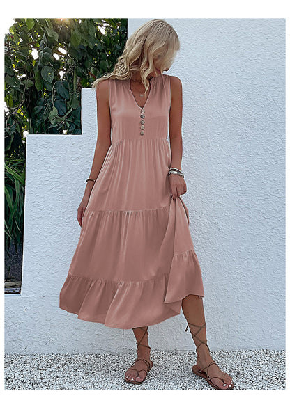 Summer Flowy Maxi Dress with Pockets Sleeveless Loose Casual Sundress V-Neck Tiered Sun Dress for Beach Cruise Vacations