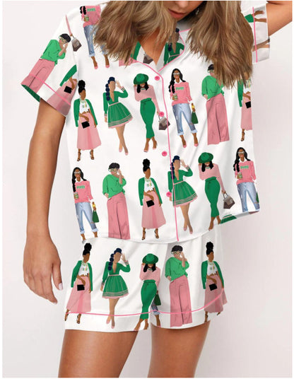 Moon Princess Sailor Guardians Wand Satin Pajama Set For Women Print Comfy Satin Sleepwear & Loungewear Pjs Printing Silky Top & Bottoms - SHESHOW