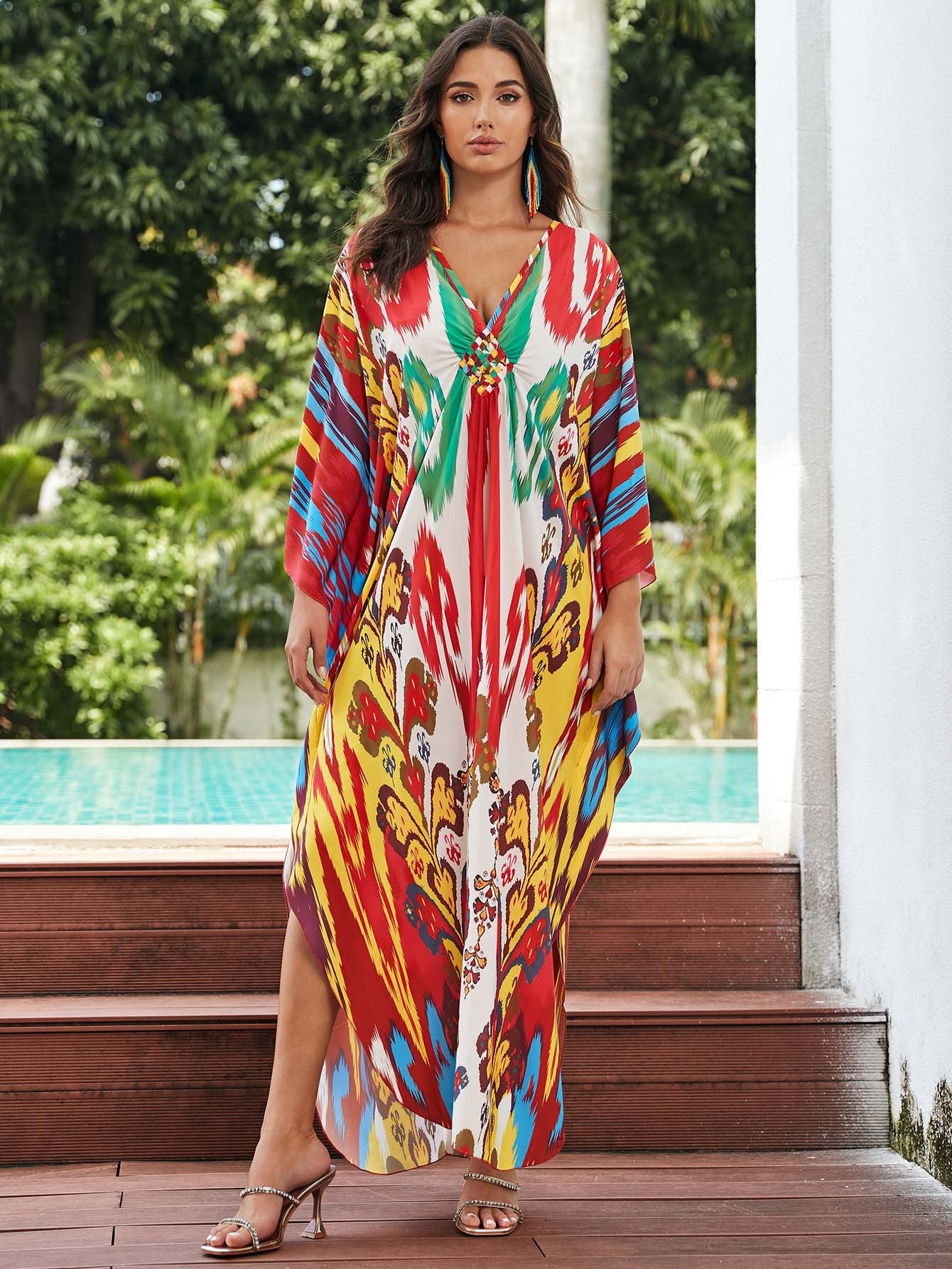 [Plus Size] Butterfly/feather Print Ruched Split Hem Tunic Dress, Valentine's Day Elegant Batwing Sleeve V Neck Long Dress for Summer, Casual Womenswear, Gift, Homecoming Dresses, Women's Clothes for Beach Holiday Vacation, Moo Moo Dresses