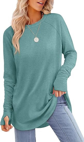 Womens Tunic Tops to Wear with Leggings Long Sleeve Thumb Hole Shirts Crew Neck Curved Hem - Seldom Seen Styles