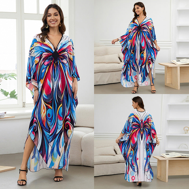 [Plus Size] Butterfly/feather Print Ruched Split Hem Tunic Dress, Valentine's Day Elegant Batwing Sleeve V Neck Long Dress for Summer, Casual Womenswear, Gift, Homecoming Dresses, Women's Clothes for Beach Holiday Vacation, Moo Moo Dresses