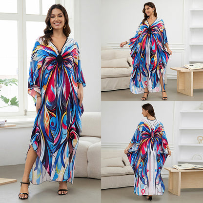[Plus Size] Butterfly/feather Print Ruched Split Hem Tunic Dress, Valentine's Day Elegant Batwing Sleeve V Neck Long Dress for Summer, Casual Womenswear, Gift, Homecoming Dresses, Women's Clothes for Beach Holiday Vacation, Moo Moo Dresses