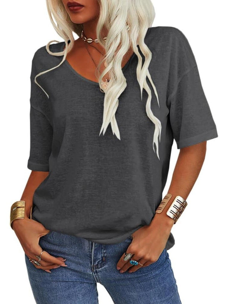 Womens Shirt, Normality Women's Solid Color V-Neck T-Shirt, Summer Short Sleeve Loose Casual Tops - Seldom Seen Styles