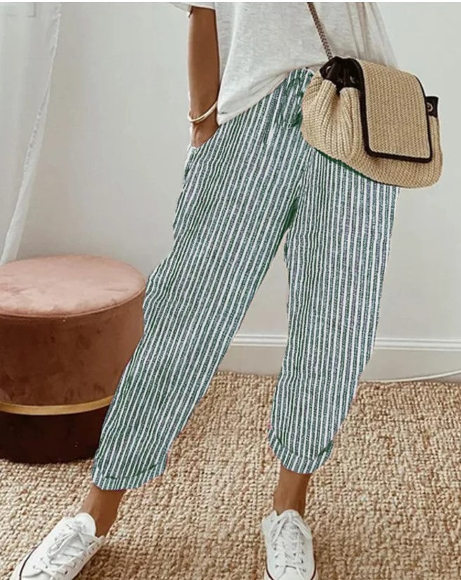 Women's Casual Vertical Striped High Elastic Waist Wide Leg Capri Palazzo Pants with Pockets - Seldom Seen Styles
