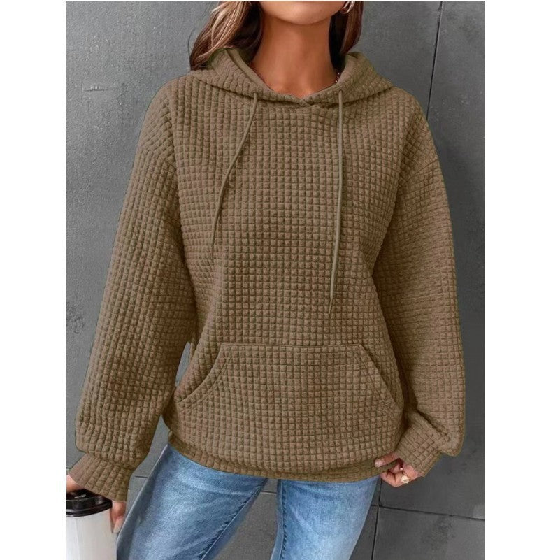 Womens Hoodies Casual Long Sleeve Drawstring Waffle Pullover Tops Loose Hooded Sweatshirt with Pocket - Seldom Seen Styles