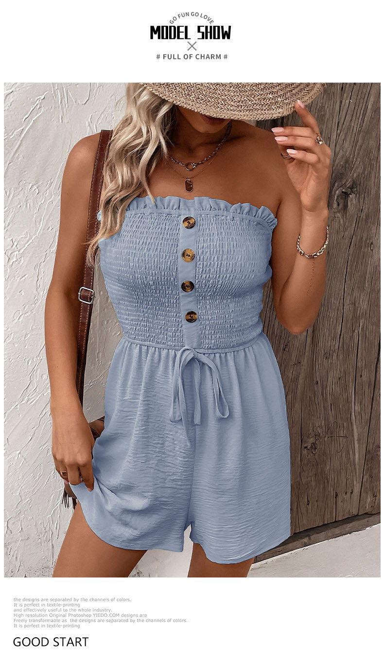 Women's Buttons Frill Trim Wide Leg Tube Romper, Casual Comfort Tie Front Shirred Sleeveless Romper, Rompers for Women, Summer Romper for Lady, Summer Outfits, Going Out Outfits 2024 - Seldom Seen Styles