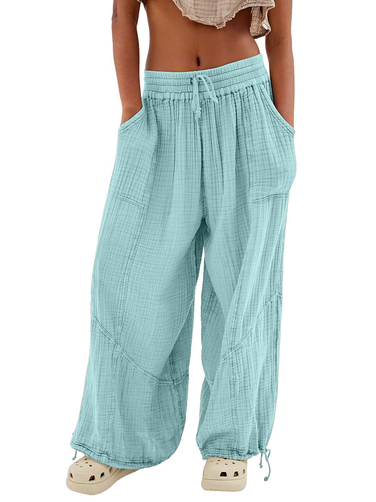 Womens Casual Loose Fit Wide Leg Cotton Pants Drawstring Stitching Baggy Pants Trousers with Pockets - Seldom Seen Styles