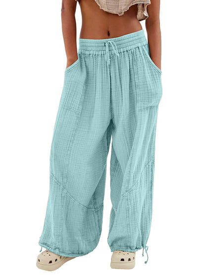 Womens Casual Loose Fit Wide Leg Cotton Pants Drawstring Stitching Baggy Pants Trousers with Pockets - Seldom Seen Styles