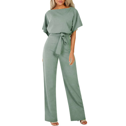 Womens Loose Short Sleeve Belted Wide Leg Pant Romper Jumpsuit Business Casual One Piece Outfits - Seldom Seen Styles