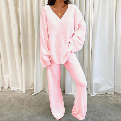 Women's Casual 2-Piece Lounge Set Soft Chunky V Neck Tops Wide Leg Long Pants Basic Tracksuit Lounge Wear Minimalist Womenswear - Seldom Seen Styles
