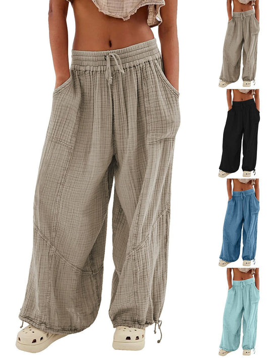 Womens Casual Loose Fit Wide Leg Cotton Pants Drawstring Stitching Baggy Pants Trousers with Pockets - Seldom Seen Styles