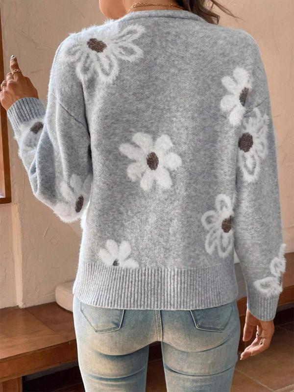 Plus Size Floral Print Button Front Cardigan, Casual Drop Shoulder  V Neck Knitwear for Fall & Winter, Women's Plus Clothing for Daily Wear - Seldom Seen Styles