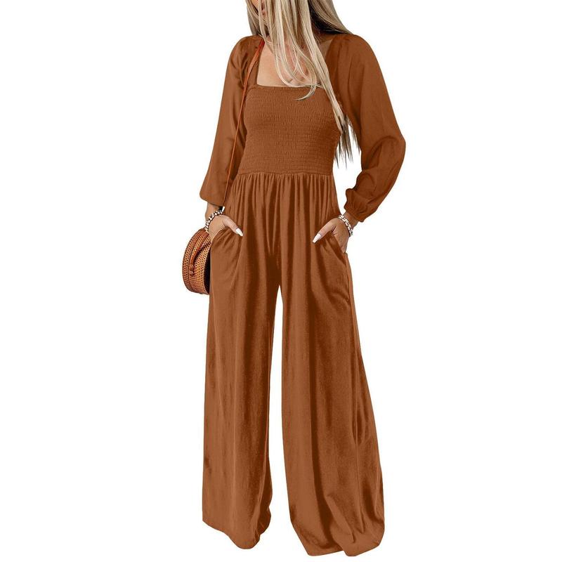 Women's Casual Loose Overalls Jumpsuits One Piece Long Sleeve Wide Leg Long Pant Rompers With Pockets - Seldom Seen Styles