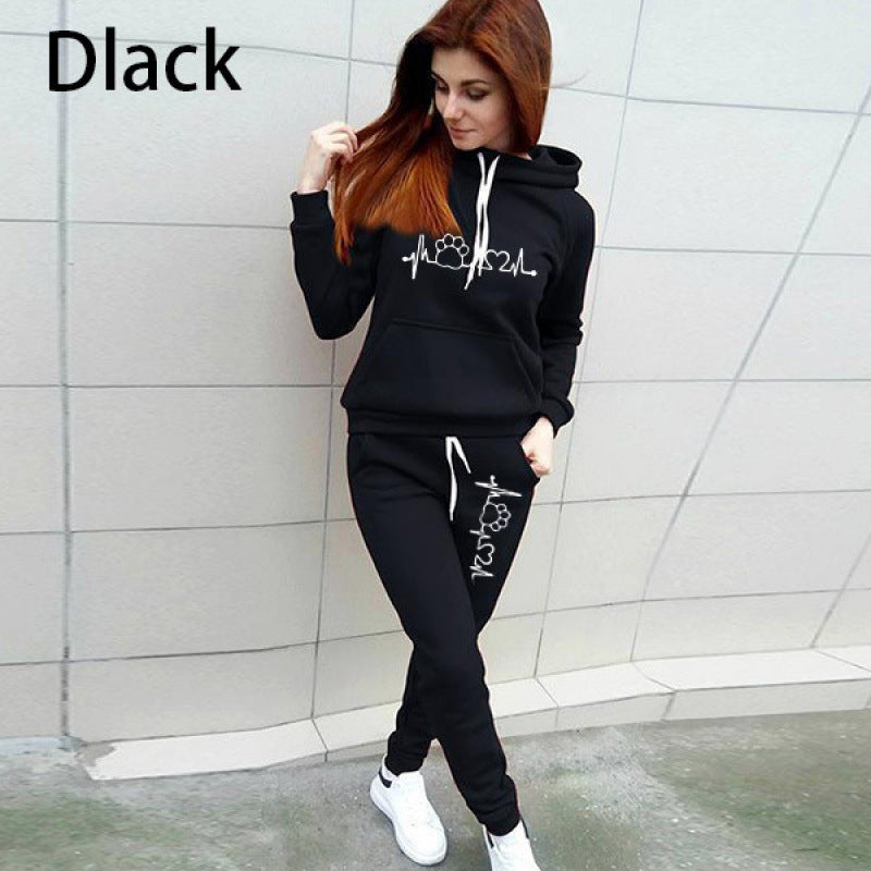 Two-Piece Set Women's Heart Print Raglan Sleeve Hoodie & Drawstring Waist Sweatpants Set, Casual Long Sleeve Hooded Pullover & Pocket Jogger Pants, Women's Fall & Winter Clothes, Holiday Outfits, Soft Clothes - Seldom Seen Styles