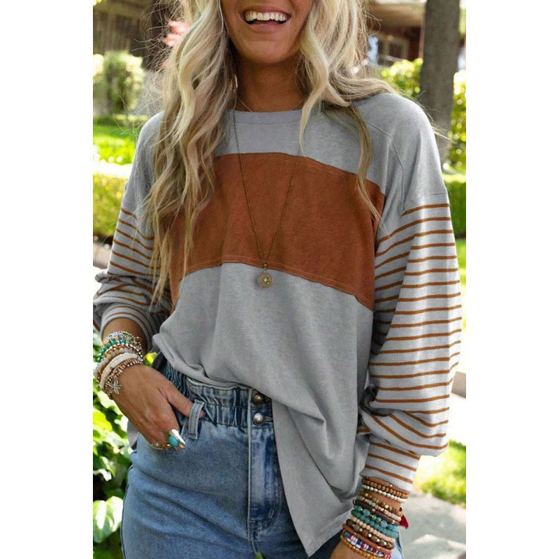 Long Sleeve Fall Tops Oversized 2025 Trendy Round Crew Neck Casual Color Block Womens Shirts Blouses - Seldom Seen Styles