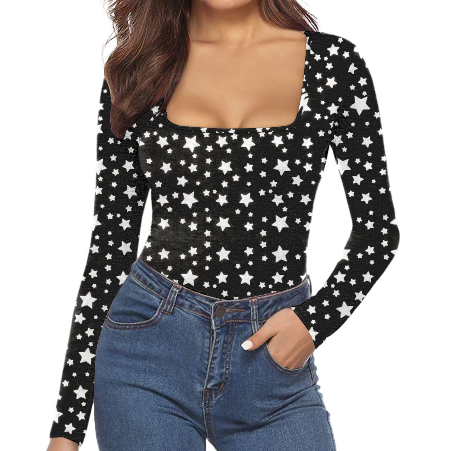 Women's Sexy Square Neck Bodysuit Long Sleeve Double Lined Shirt Tops