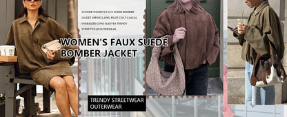 Women's Faux Suede Bomber Jacket Spring Lapel Pilot Coat Casual Oversized Long Sleeves Trendy Streetwear Outerwear