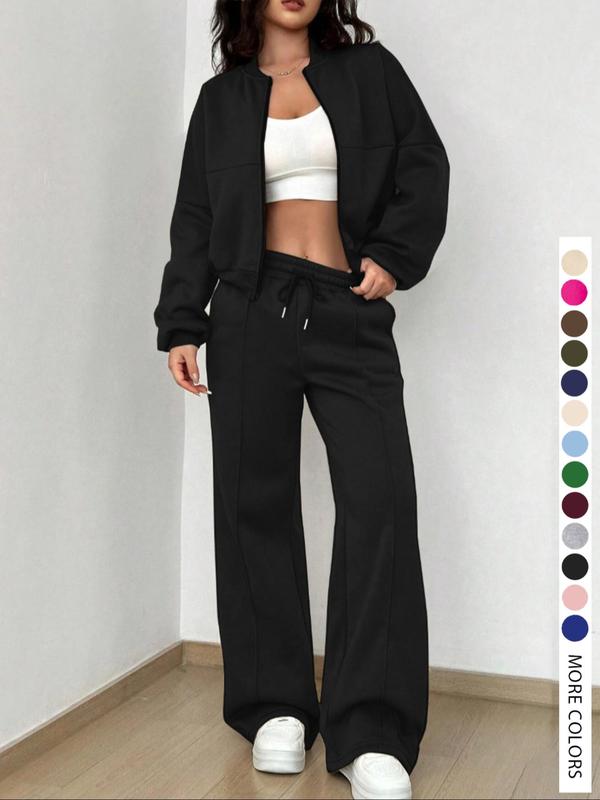 Women's Casual Tracksuit Set, Zip-Front Jacket and Elastic Waist Pants For Airport Wear, Athleisure Style