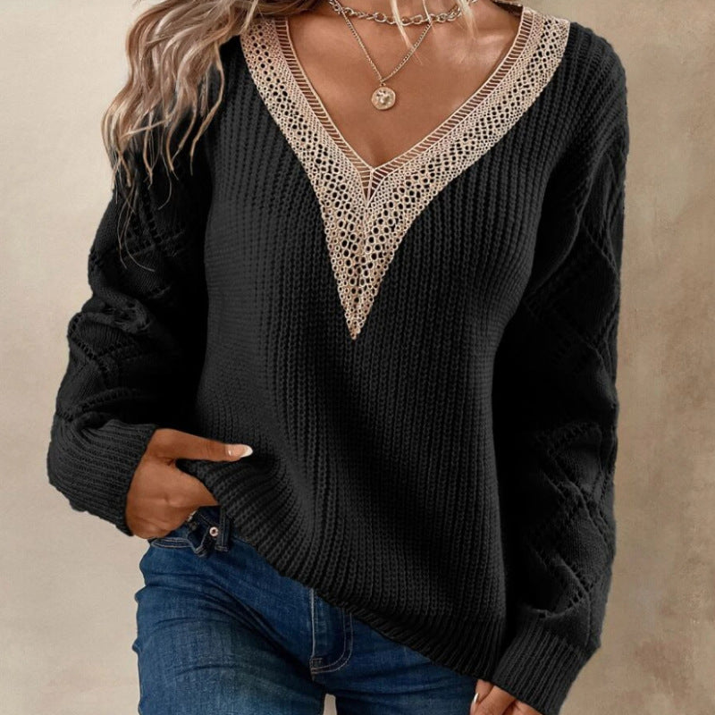 Womens Long Sleeve Sweaters Fall 2024 Trendy Sexy Lace V Neck Knit Drop Shoulder Pullover Sweater Jumper Tops - Seldom Seen Styles