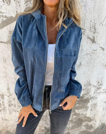 Corduroy Drawstring Hooded Pocket Zip Up Jacket Loose Shacket Coat - Seldom Seen Styles