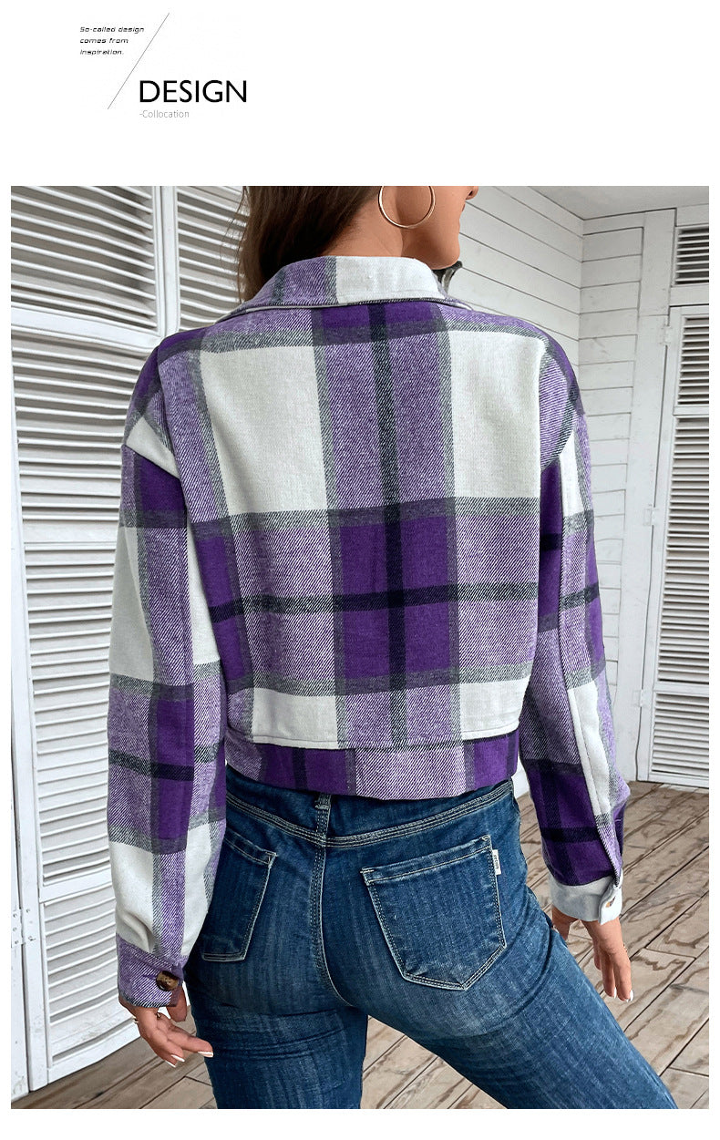 Women's Flannel Cropped Plaid Shacket Jacket Button Down Long Sleeve Shirts Tops