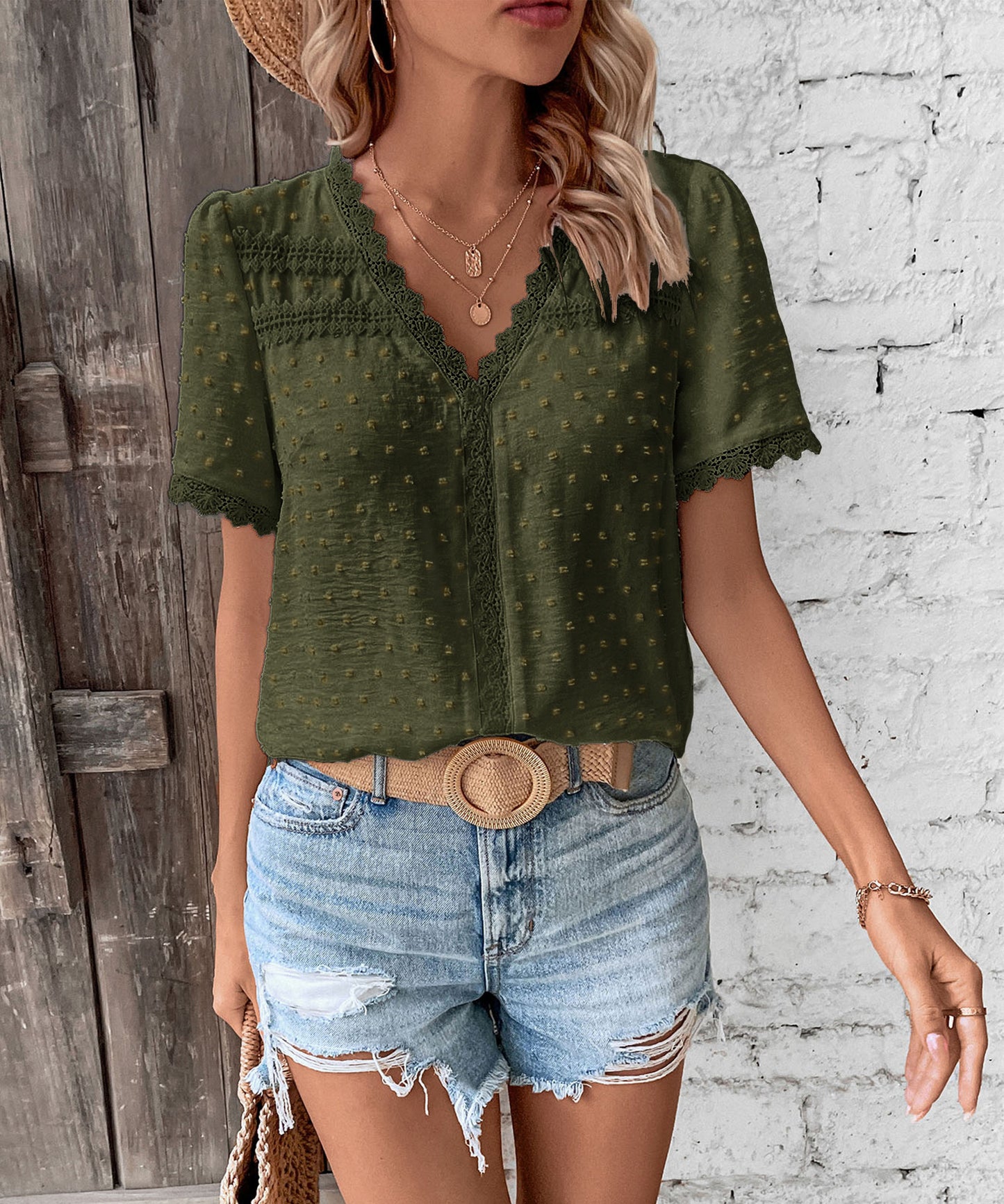 Women's 2025 Summer V Neck Lace Crochet Blouse Swiss Dot Business Casual Cute Shirts Tops