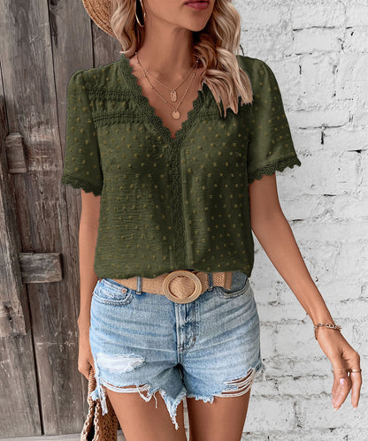 Women's 2025 Summer V Neck Lace Crochet Blouse Swiss Dot Business Casual Cute Shirts Tops