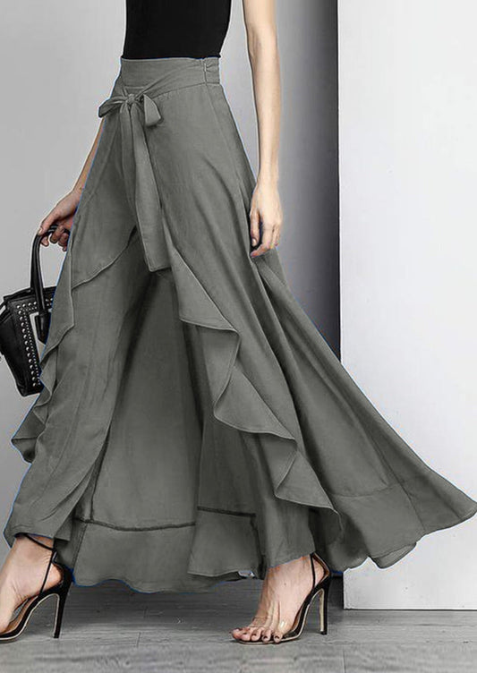 Elegant Grey Waist Spliced Ruffle Hem Straight Leg Skirt