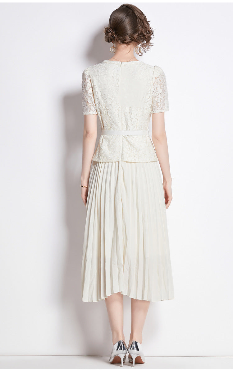 Bella Lace Patchwork Pleated Midi Dress  Patchwork Mid-Length Pleated Dress