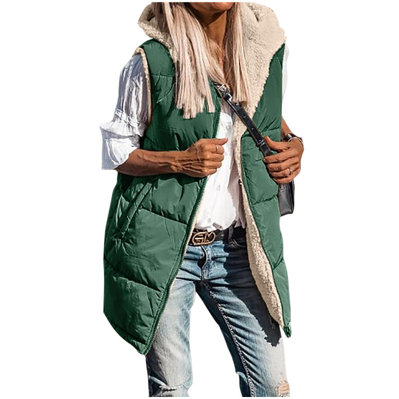 Women's Warm Reversible Vests Sleeveless Fleece Basic Jacket Zip Up Coat Long Outerwear With Pockets And Hoodie Casual Outfit#Hoodieing - Seldom Seen Styles