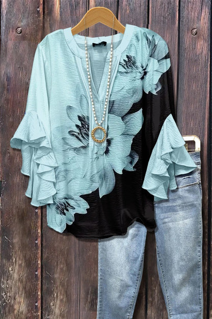Retro Floral Print Layered Ruffle Sleeve Top Going Outfits Blouses Women Vintage 90s Tops Funny Shirts Women Elegant Classy Tops cute summer outfit
