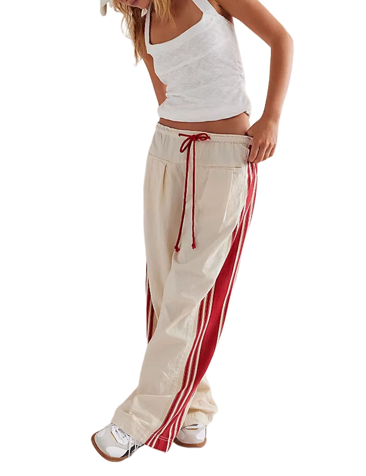 Women's Wide Leg Pants Drawstring High Rise Side Striped Slouchy Palazzo Pants with Pockets - Seldom Seen Styles