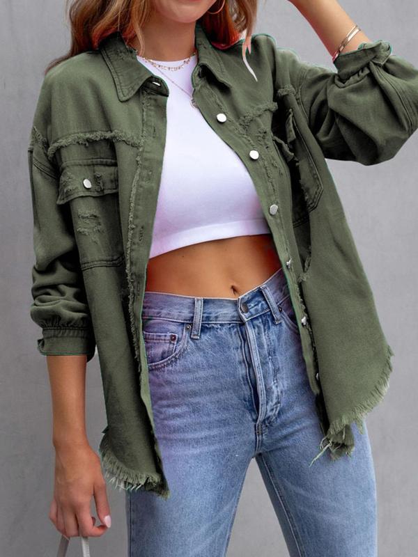 Women's Plain Ripped Raw Hem Button Front Drop Shoulder Coat, Casual Chic Pocket Long Sleeve Collared Outerwear for Daily Wear, Jackets - Seldom Seen Styles