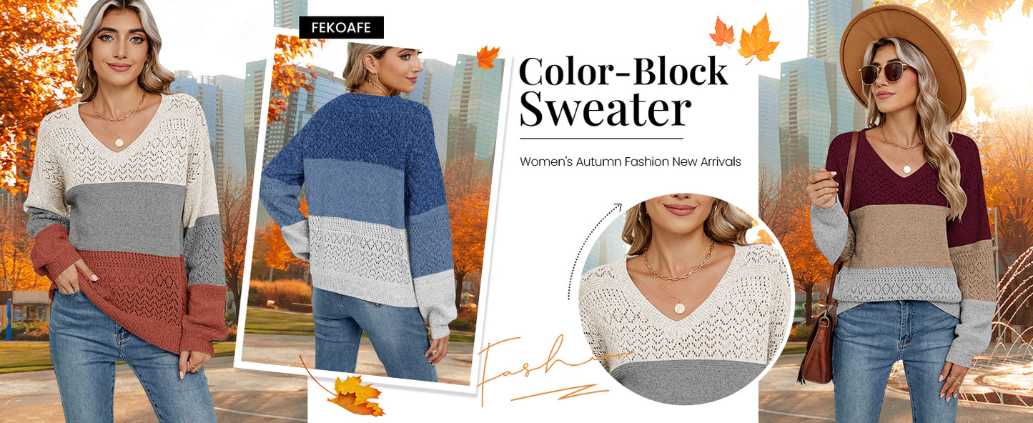 Womens Sweaters 2025 Fall V Neck Long Sleeve Hollow Knit Pullover Sweaters for Women