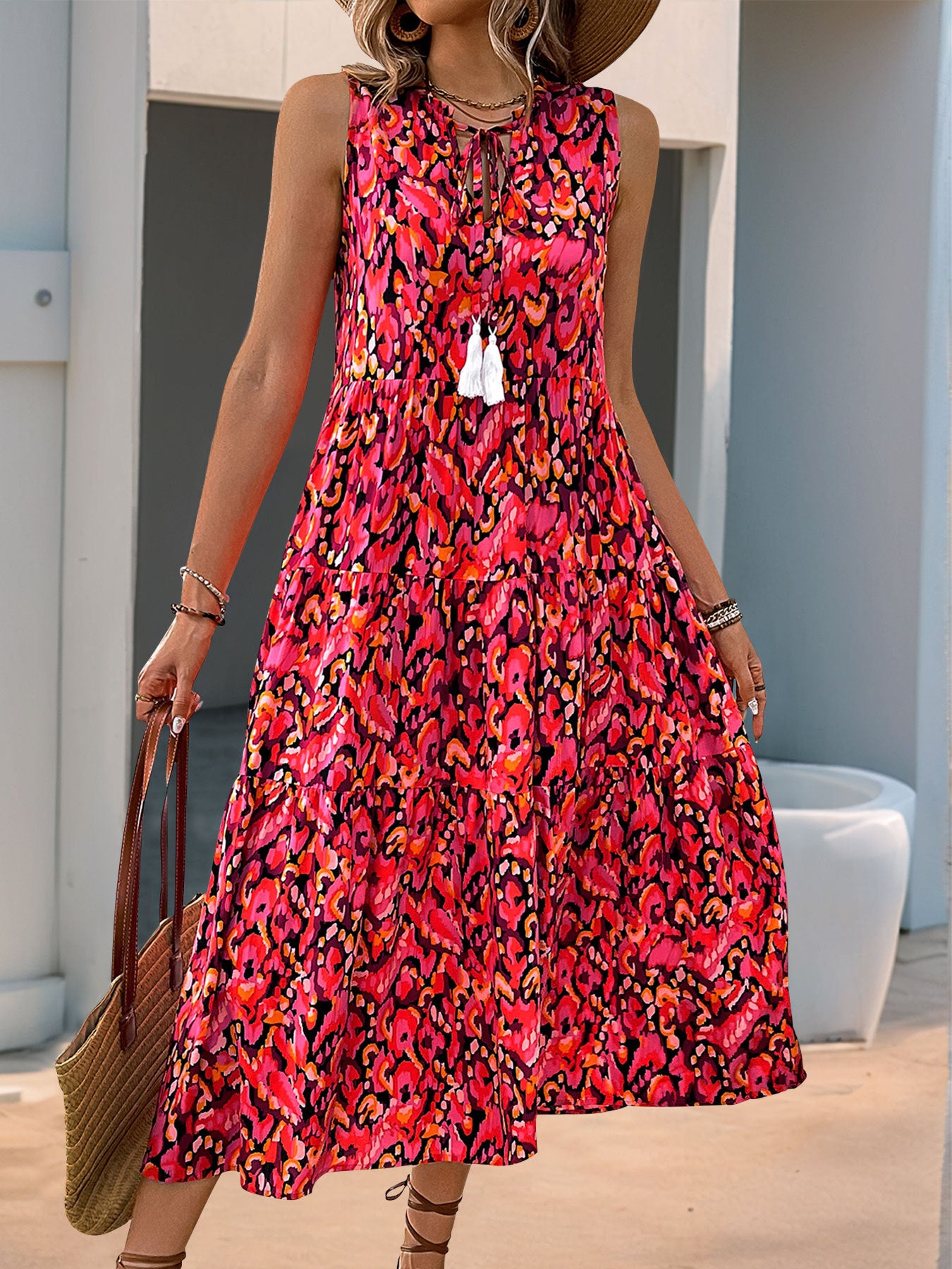 New Style Summer  Vacation Sleeveless v Abstract Print Dress with Tassel Detail