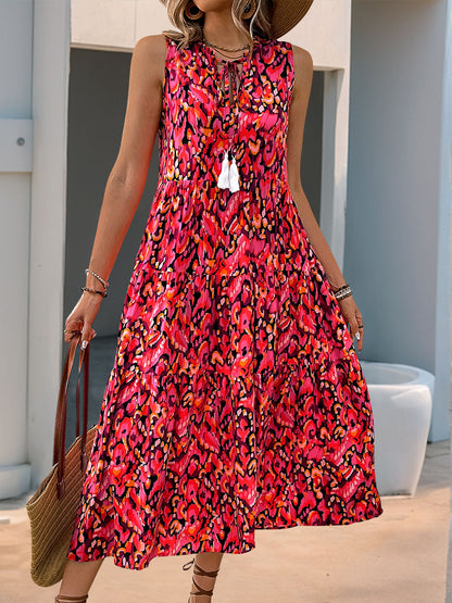 New Style Summer  Vacation Sleeveless v Abstract Print Dress with Tassel Detail