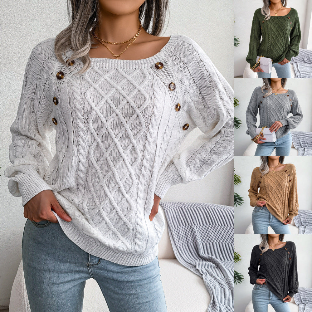 Women's Solid Textured Fake Buttons Raglan Sleeve Crewneck Sweater Tops for Spring, Casual Chic Style Round Neck Long Sleeves Knitting Jumper, Fall Clothes, Downtown Girl Knitwear Clothes - Seldom Seen Styles