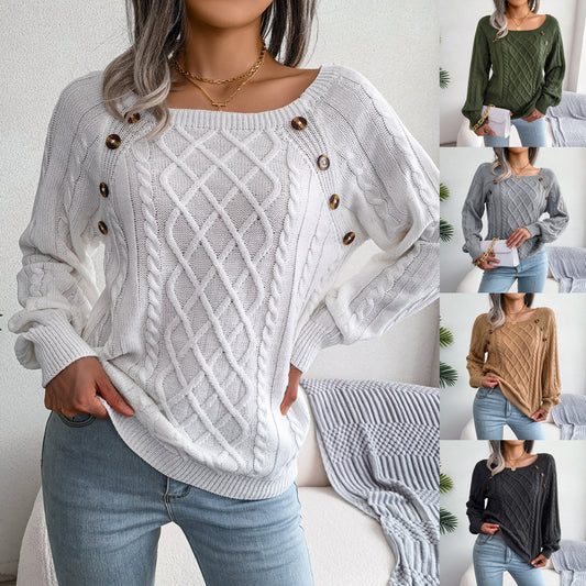 Women's Solid Textured Fake Buttons Raglan Sleeve Crewneck Sweater Tops for Spring, Casual Chic Style Round Neck Long Sleeves Knitting Jumper, Fall Clothes, Downtown Girl Knitwear Clothes - Seldom Seen Styles